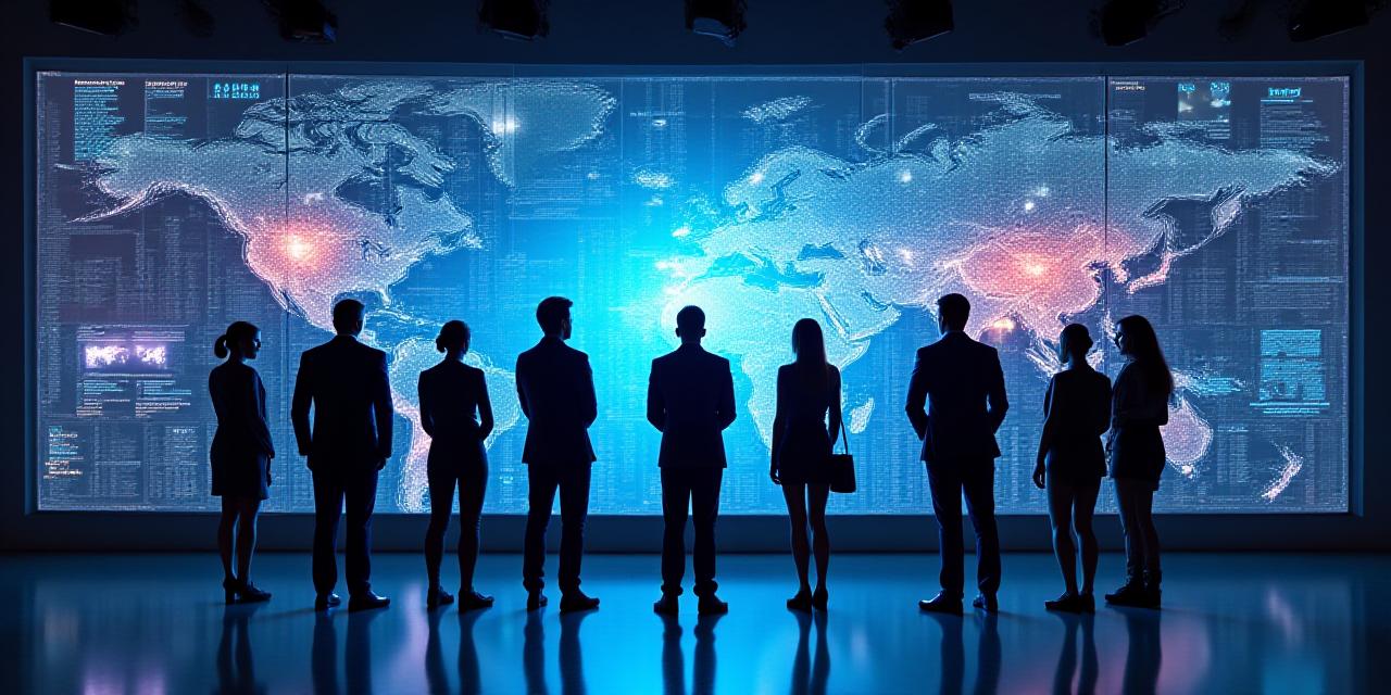 Team analyzing data on a large digital screen in a modern office