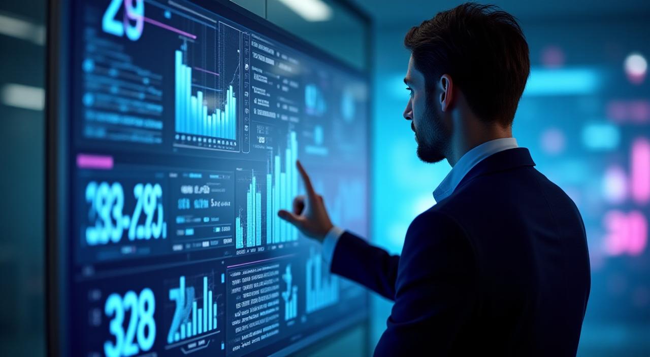 A modern CEO analyzing growth metrics on a sleek digital interface